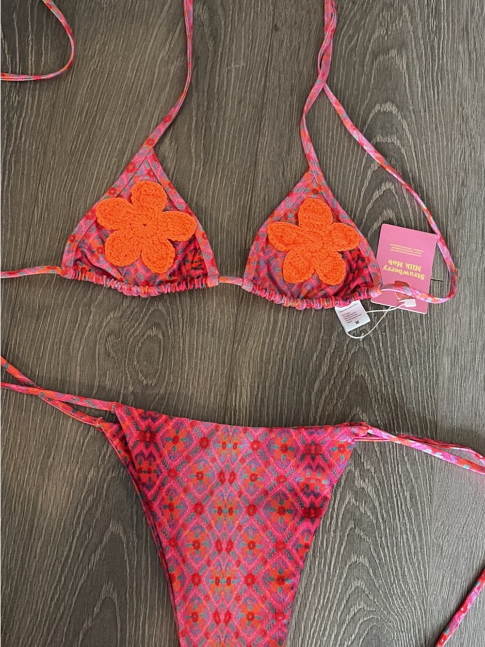 Strawberry Milk Mob Pink Bikini Top with Orange Florals